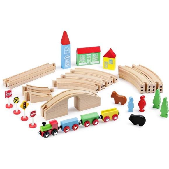 Wooden Train Set for Toddler with Double-Side Train Tracks Fits Brio, Thomas - Picture 2 of 7